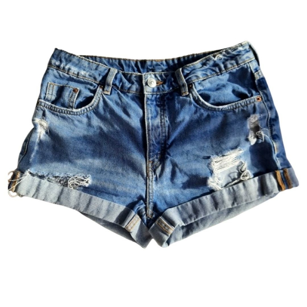Divided H&M High rise distressed denim cuffed shorts Women's 6 button fly